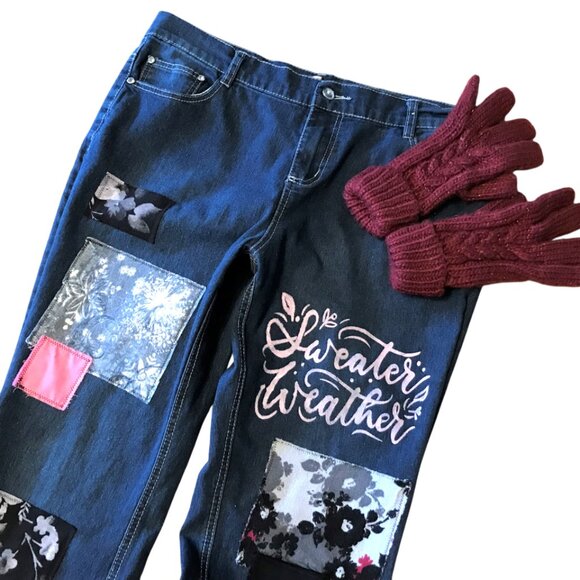 Upcycled Patchwork Flared Jeans: Size 14, Boho Hippie Sweater Weather Pants - Picture 3 of 9